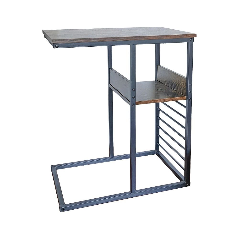 Industrial C Shaped Sofa Side Table with Wooden Shelf Couch Laptop Snack End Table