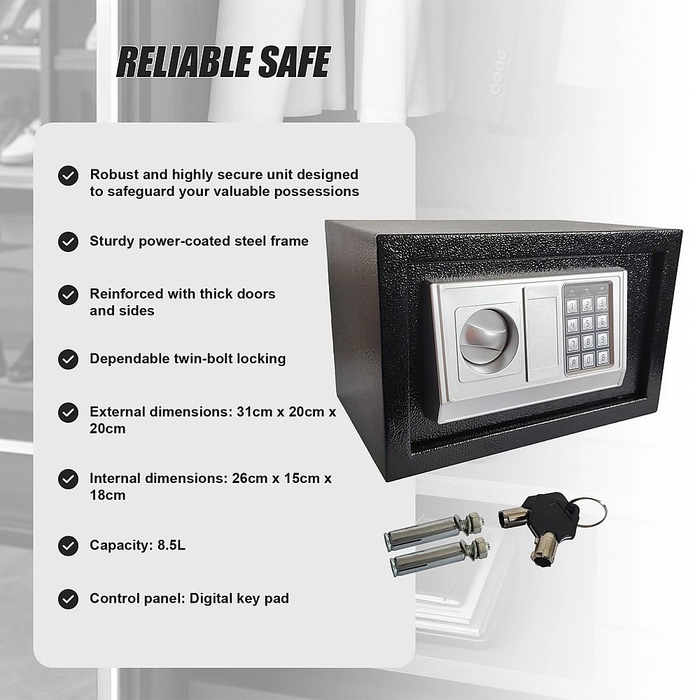 Electronic Digital Safe Security Box with Key Override Home Office Cash Jewellery Safe 8.5L