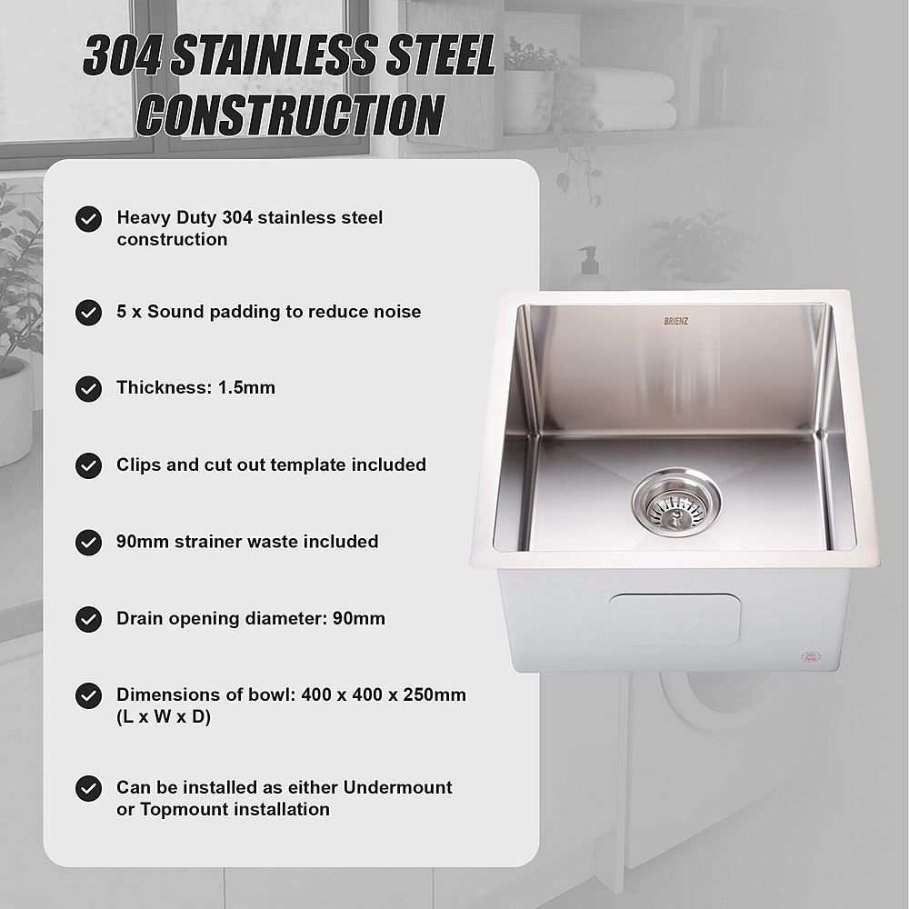 450x450mm Handmade 1.5mm 16 Gauge Stainless Steel Kitchen Laundry Sink with Waste