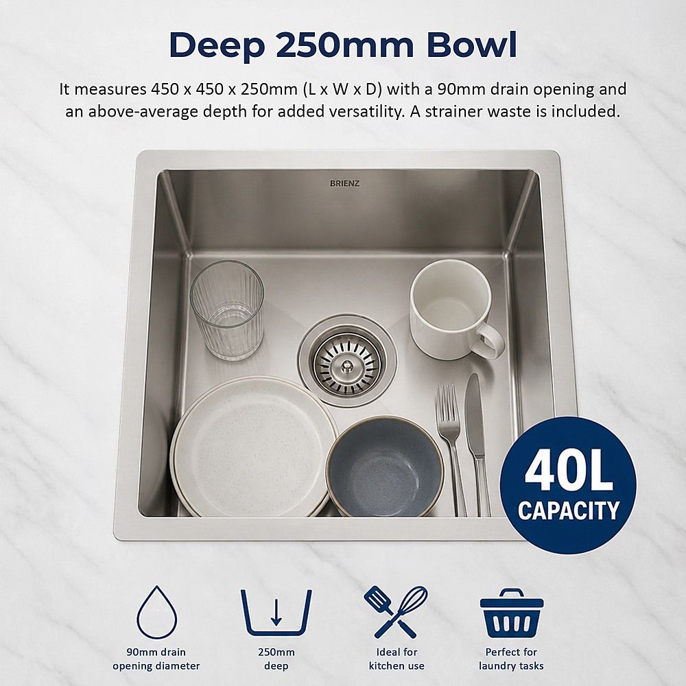 450x450mm Handmade 1.5mm 16 Gauge Stainless Steel Kitchen Laundry Sink with Waste