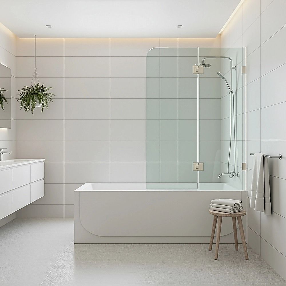Frameless Glass Bath Screen with Black Stainless Steel F-Brackets – 120 cm — product image 1 of 10