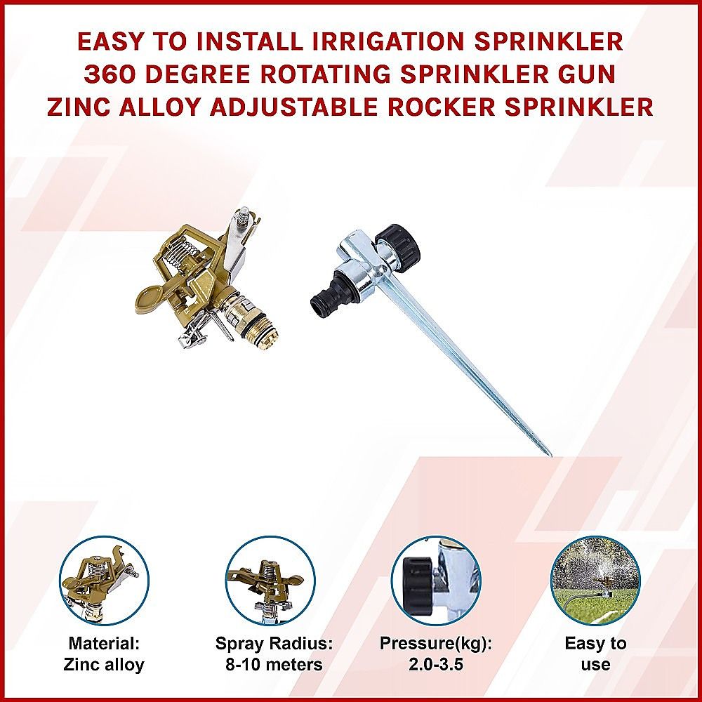 Easy to Install Irrigation Sprinkler 360 Degree Rotating Sprinkler Gun Zinc Alloy Adjustable Rocker Sprinkler