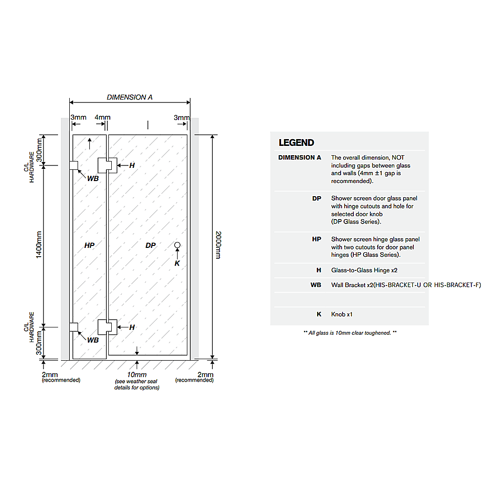 110 × 90 cm Corner Frameless Shower Screen with Black Brackets and Brass Hinges - F-Brackets — product image 5 of 15