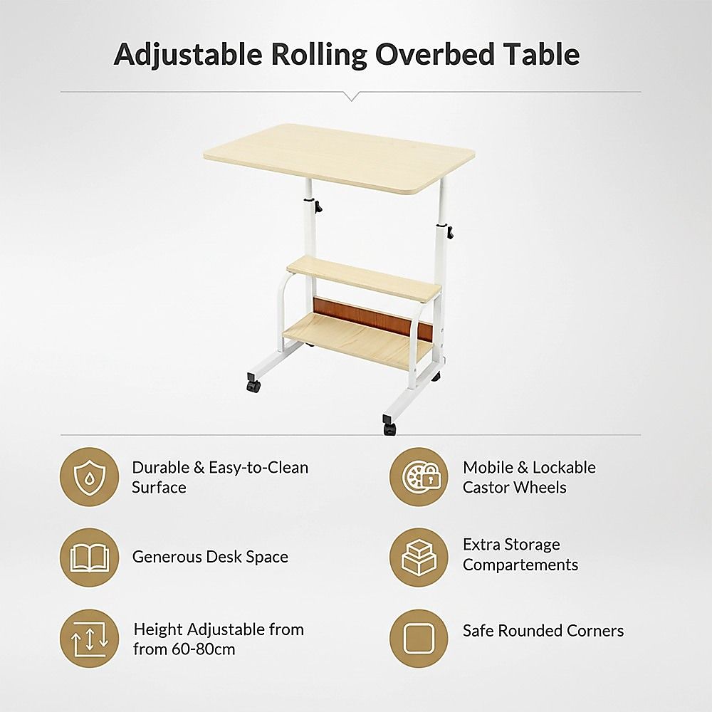 Height Adjustable Rolling Overbed Table 60cm Mobile Computer Desk