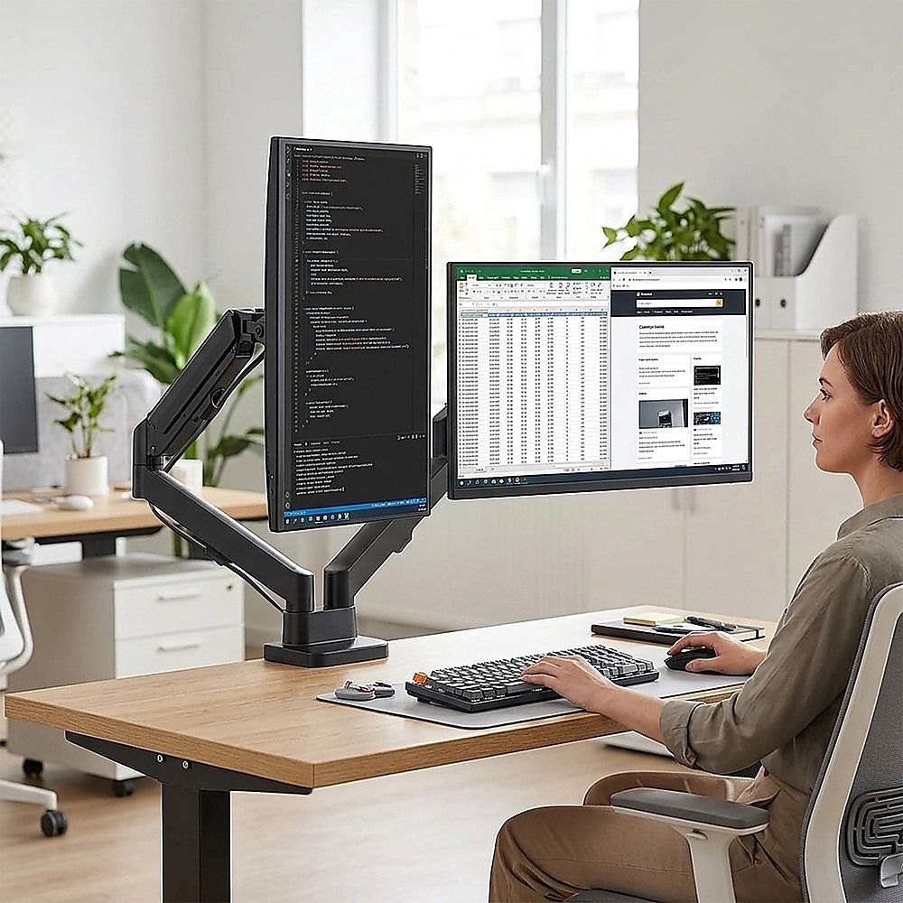 Dual Arm Monitor Desk Mount Bracket Spring Assisted 17–32 Inch Full Motion