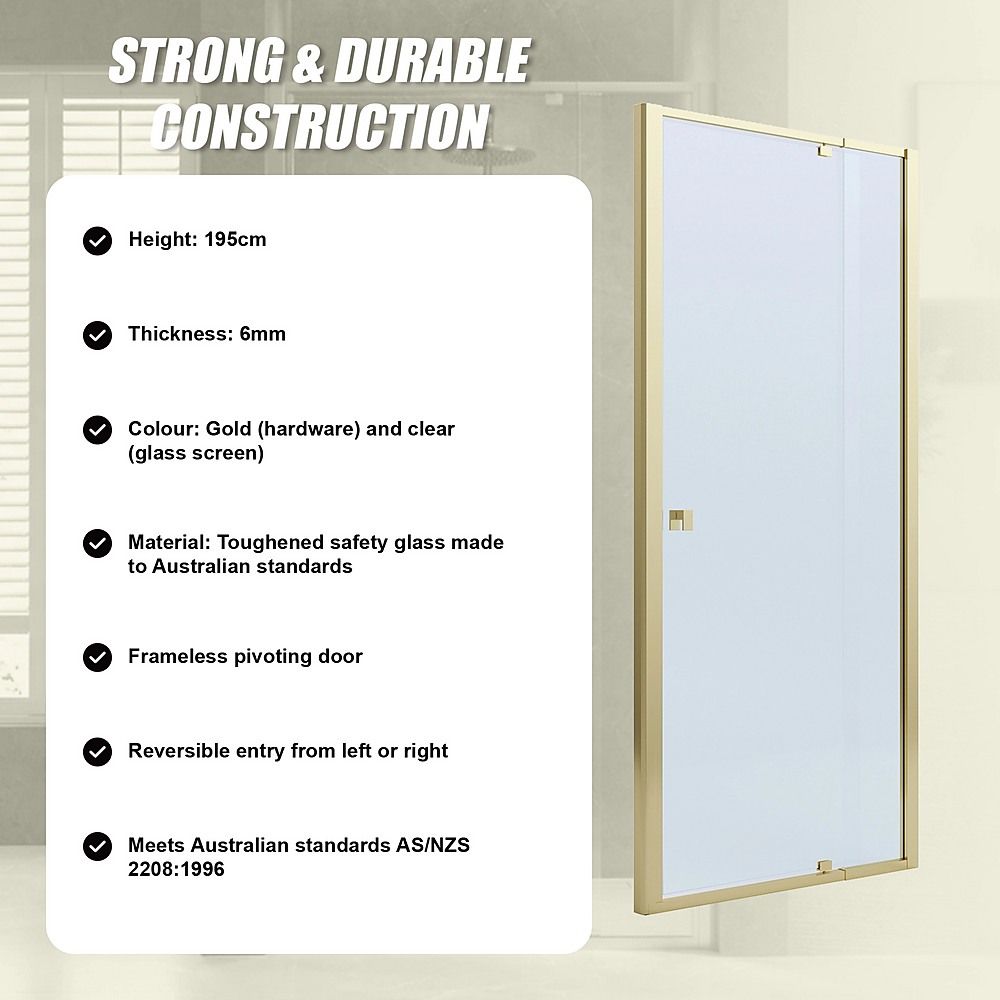 Gold Semi-Frameless Shower Screen – Adjustable 74–82 × 195 cm, Front Panel Only — product image 4 of 11