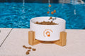 Explore with Paws Ceramic Pet Food & Water Bowl with Wooden Stand - White, 850 mL