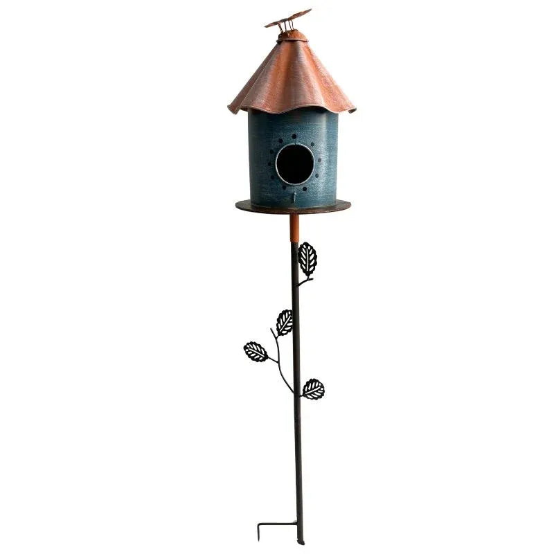 Birdhouse w Perched Bird on Leafy Garden Stake 108cm — product image 1
