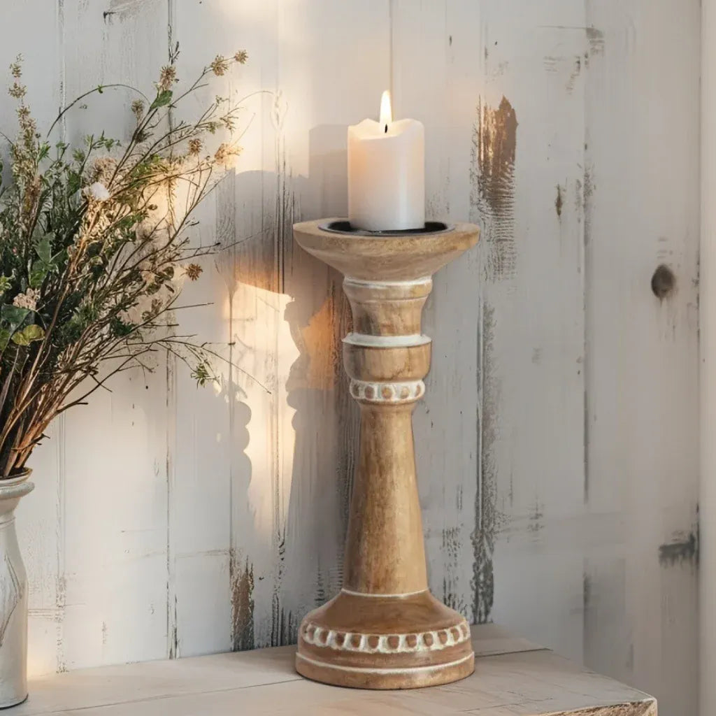 Carved Mango Wood Pillar Candle holder 30cm – supplier product image 2 of 3