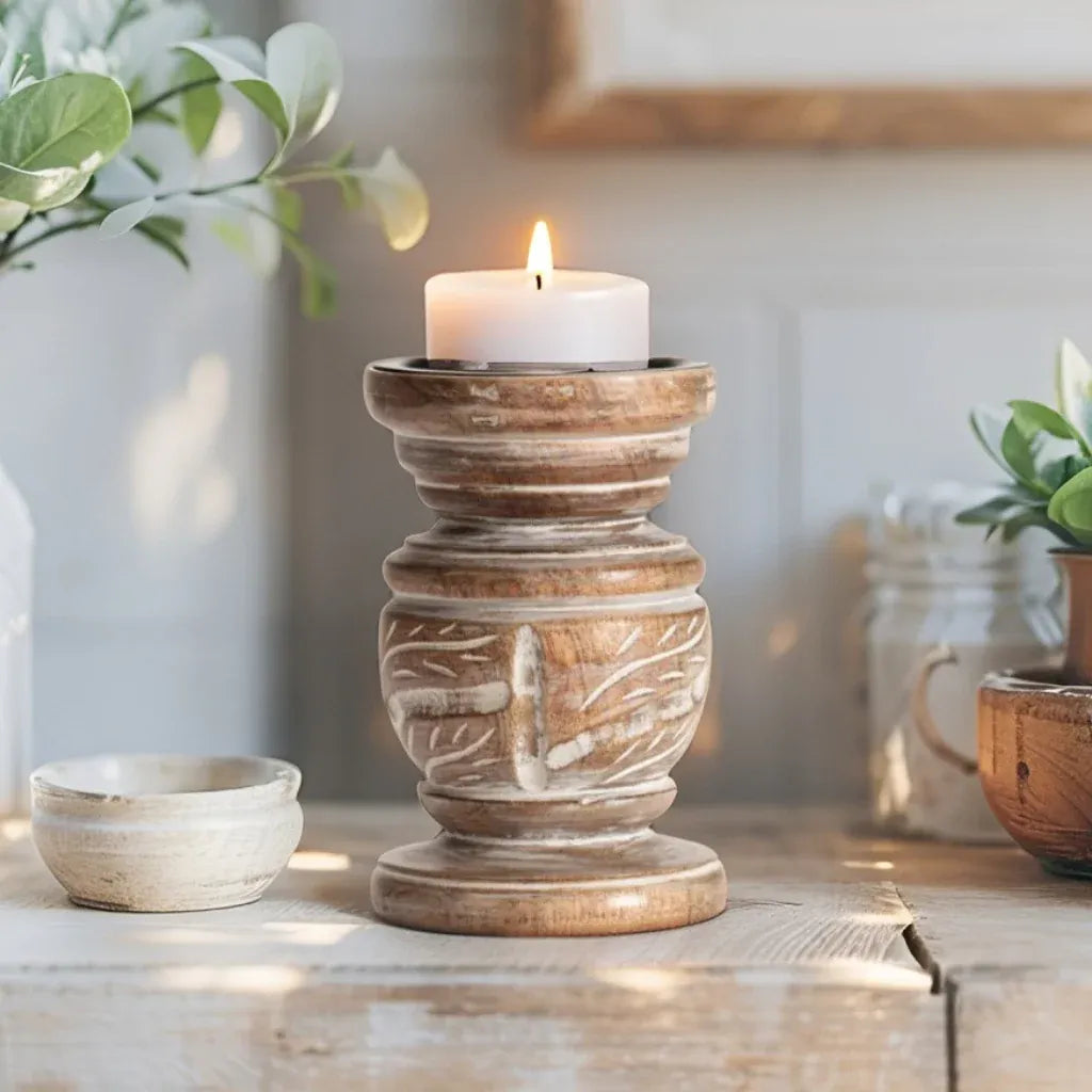 Mangowood Squat Pillar Candle holder 10cm