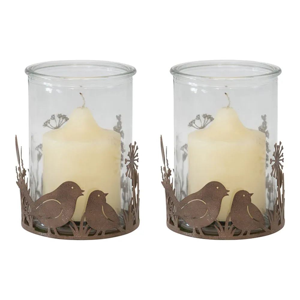 Set 2 Glass Candle holders in Low Rust Base w Birds 10cm – supplier product photo 1 of 2
