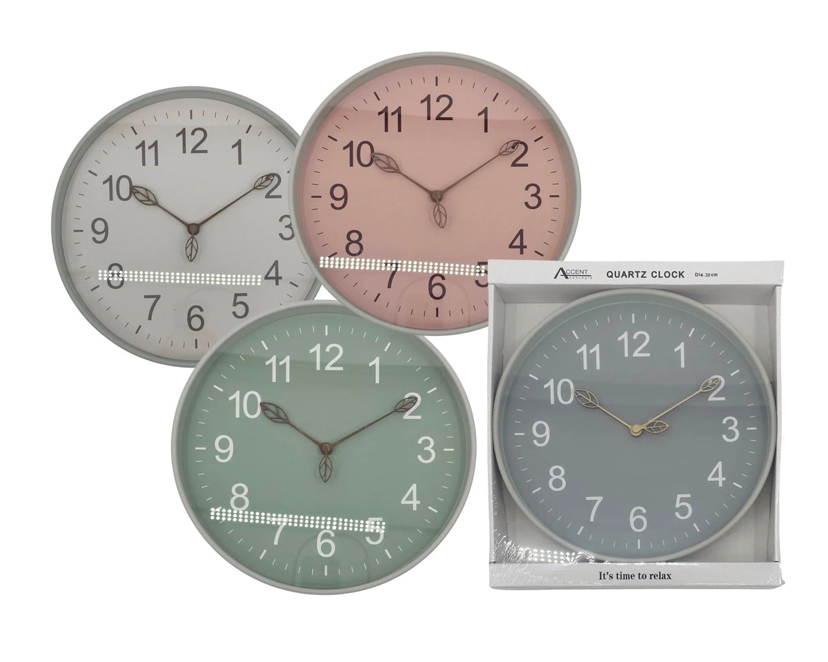 Bulk 10 12" Plastic Wall Clock With Leaf Style Arm 4 Asst 30x30x3.8
