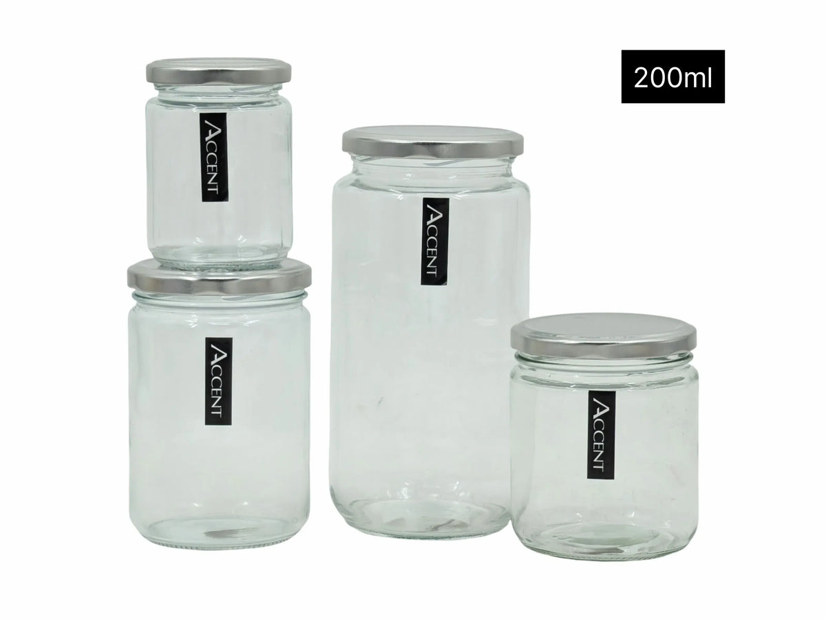 bulk 48 Glass Jar Round w/ Silver Lid 200ml Canister 9cm