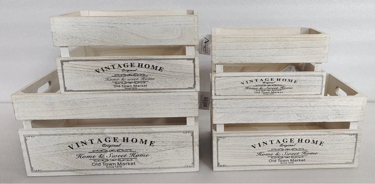 Four Vintage Whitewashed Wooden Storage Crates with Metal Handles – 40 cm — product image 1 of 3