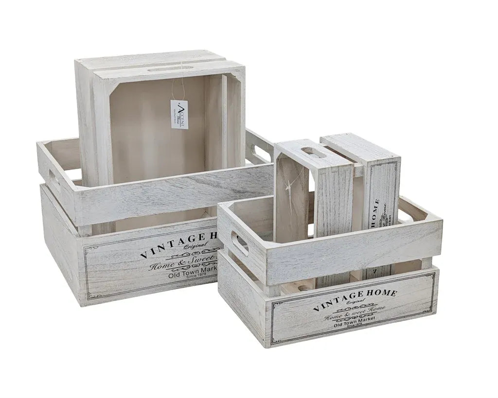 Four Vintage Whitewashed Wooden Storage Crates with Metal Handles – 40 cm — product image 3 of 3