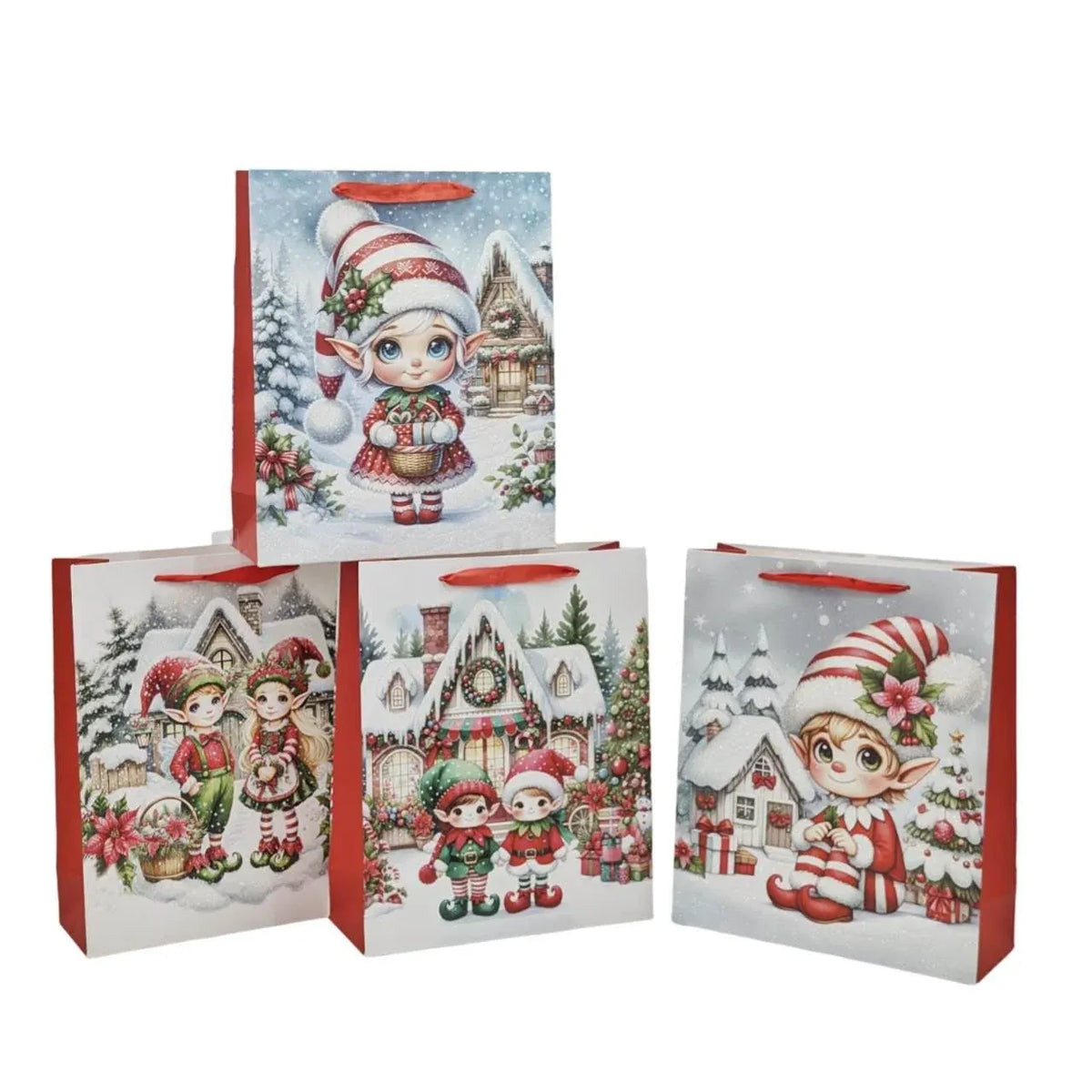 Bulk 48 Elf Village Gift Bag Lrg 32x26x12cm 3 Asst