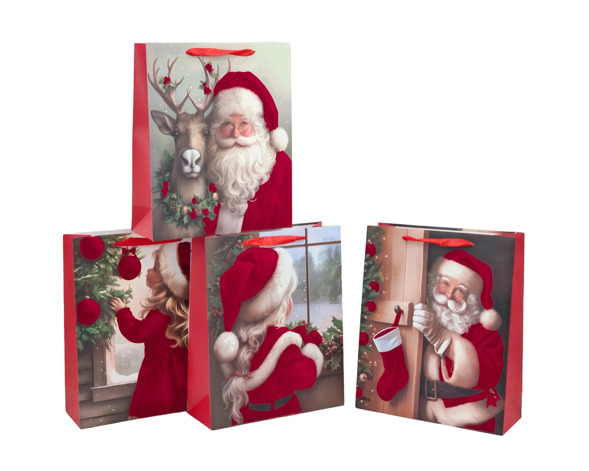 Bulk 48 Flocked Velvet Santa Gift Bag Xlrg 42x31x12cm 4 Asst
