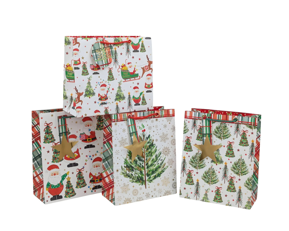 Bulk 48 Xmas Tree & Santa Gift Bag Foiled Sml 14.2x11.3x6.5cm 4 Asst