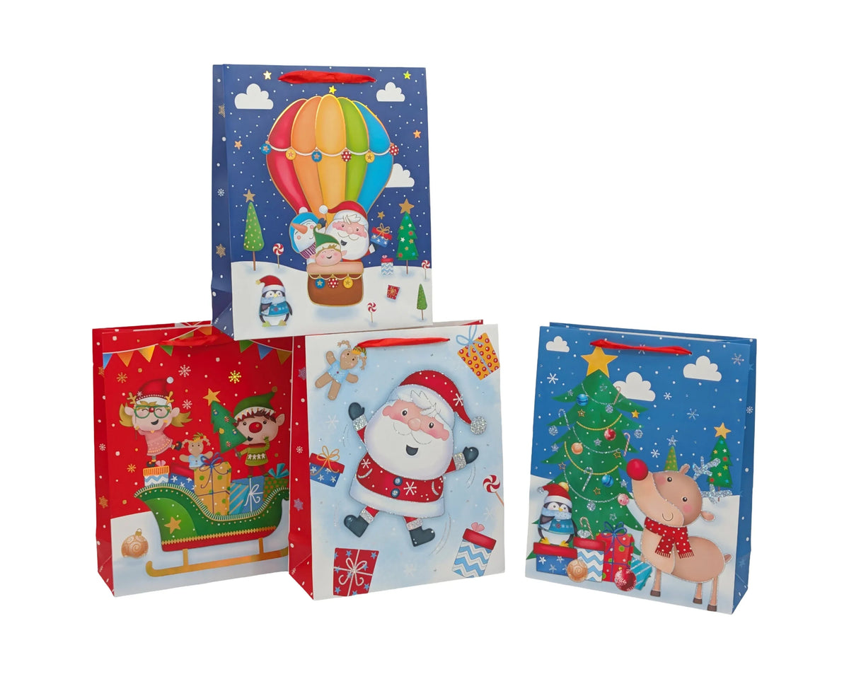 Bulk 48 Happy Fun Xmas Bag Foiled Xlrg 42x31x12cm 4 Asst