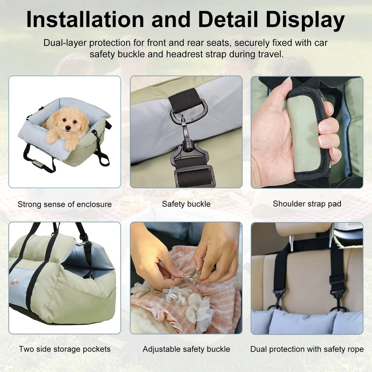 Portable Padded Pet Car Seat & Carrier Bed - Green & Blue, 62 × 53 × 40 cm