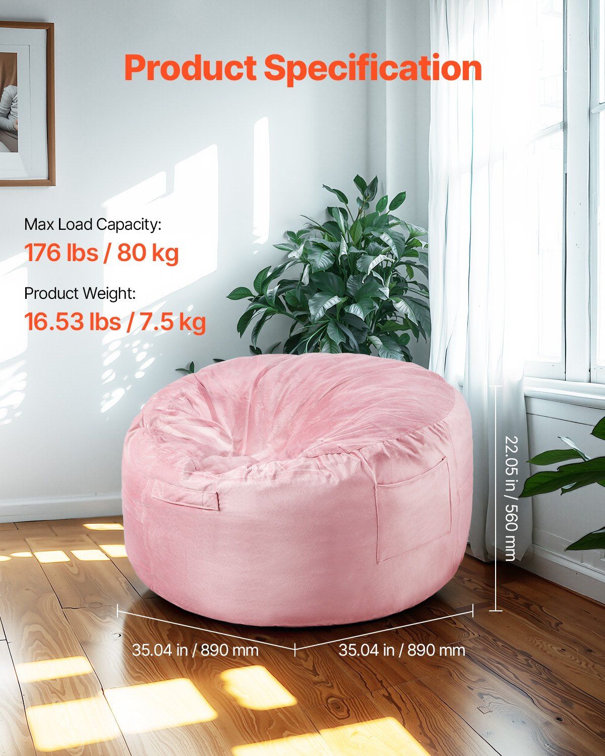 Bean Bag Chair,91 cm Round Bean Bag Chair with Removable and Washable Cover, 25D Memory Foam Filled with Soft and Smooth Dutch Velvet, Bean Bag for Bedroom or Playroom, Blue