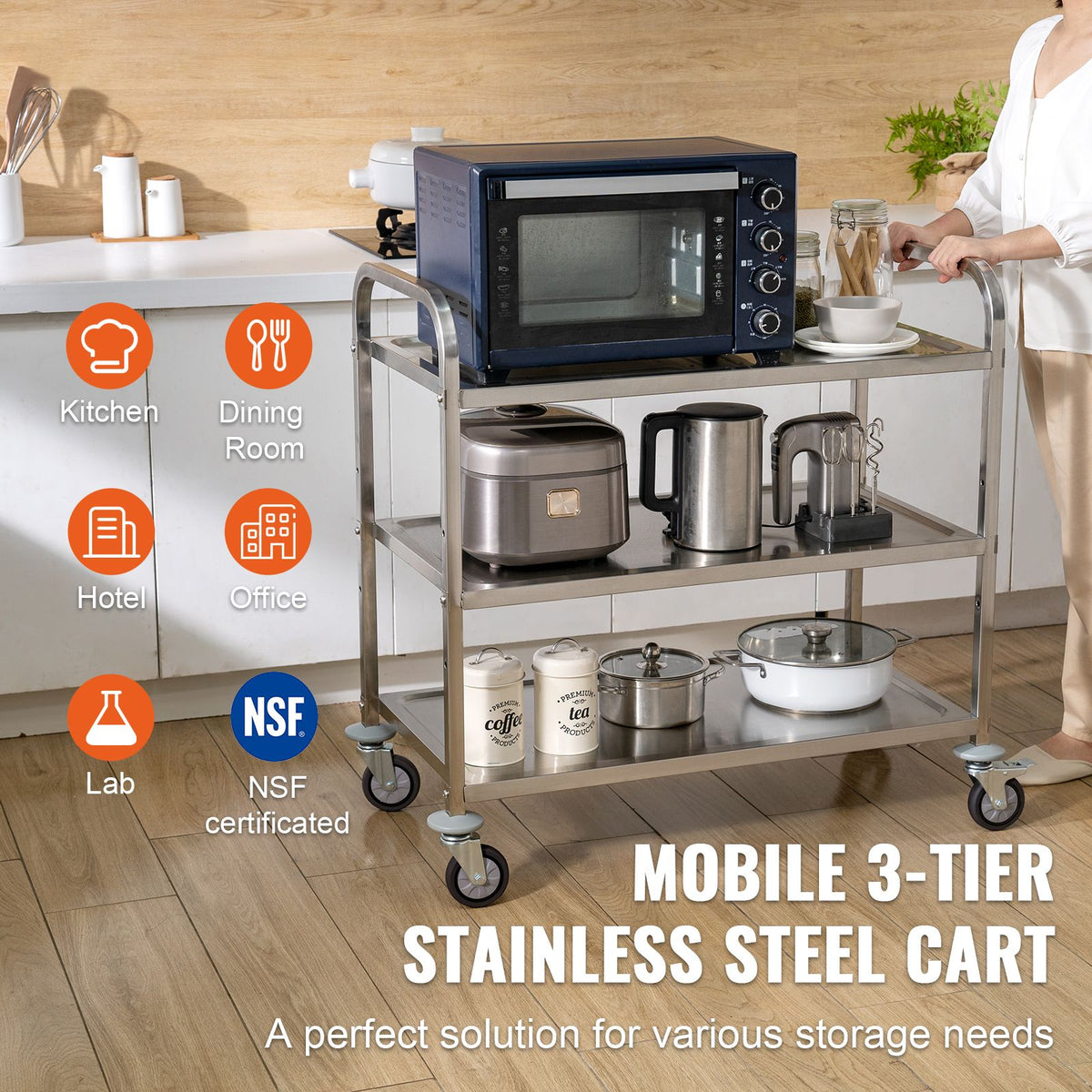 3-Tier Steel Utility Cart with Wheels & 6 Hooks - 450 lb Capacity