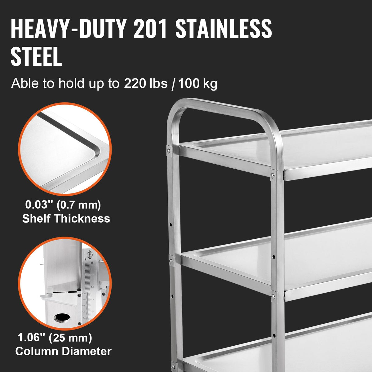 3-Tier Steel Utility Cart with Wheels & 6 Hooks - 450 lb Capacity