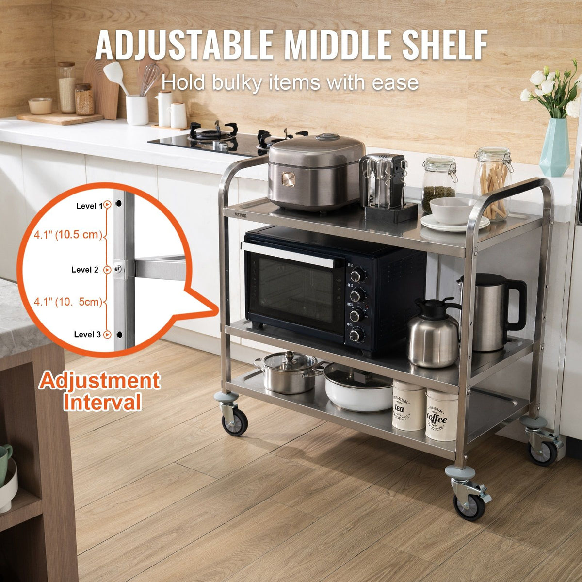 3-Tier Steel Utility Cart with Wheels & 6 Hooks - 450 lb Capacity