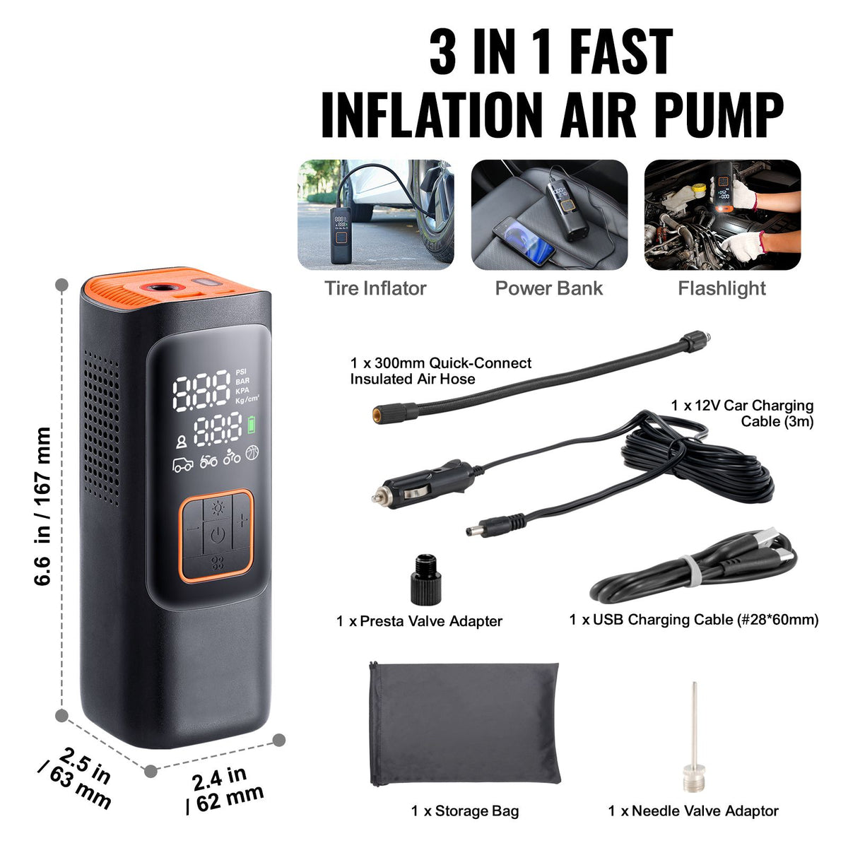 Tire Inflator Portable Air Compressor, 7800mAh 3.7V Battery Electric Air Pump, 2X Faster 160PSI Cordless Smart Air Pump with LCD Pressure Gauge, LED Light for Cars, E-Bikes, Motorcycles, Balls