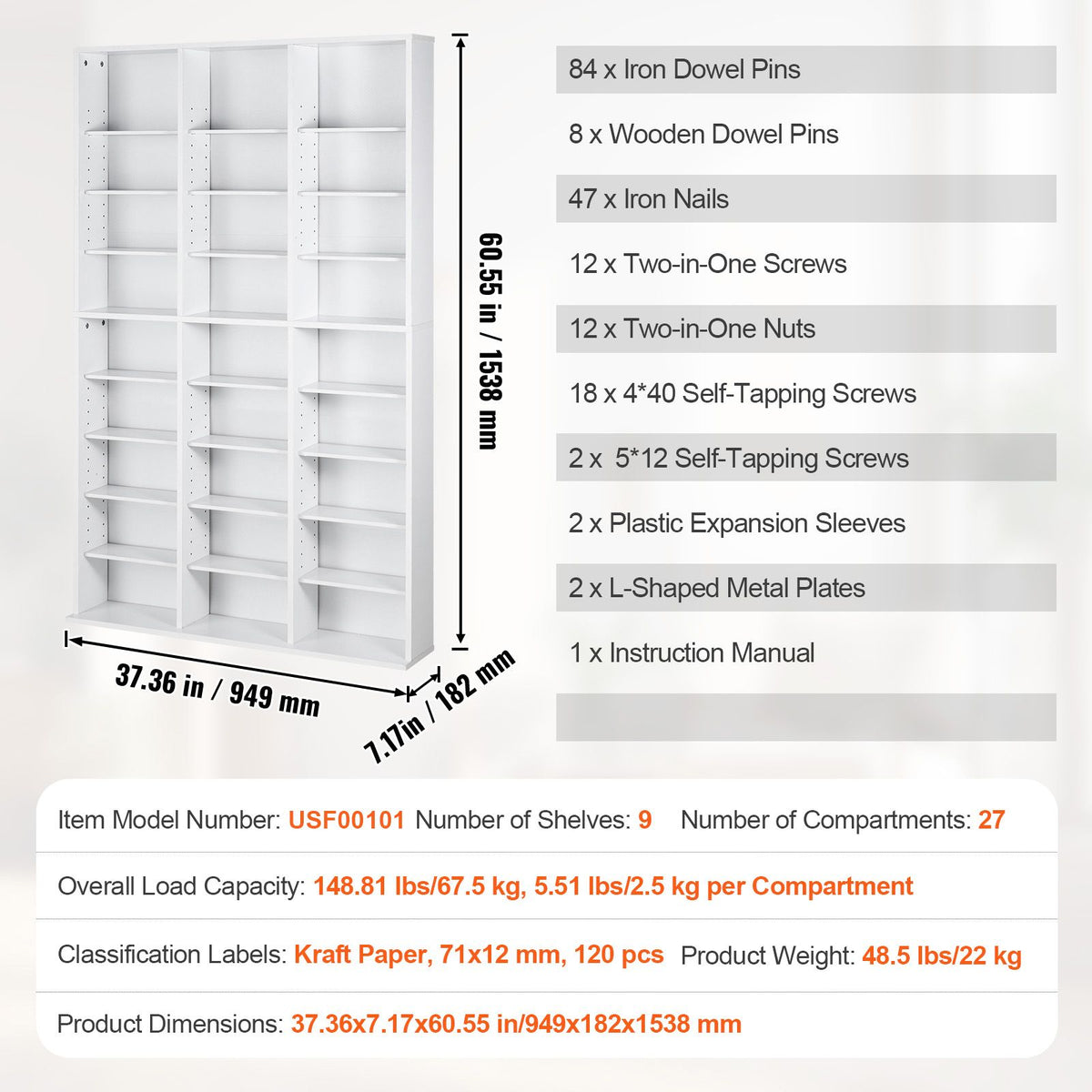 Media Storage Cabinet, 9-layer DVD Shelf Holds up to 756 CDs, Adjustable CD Shelves 27 Compartments, Protects & Organizes Music, Movie, Video Games or Memorabilia Collections,White