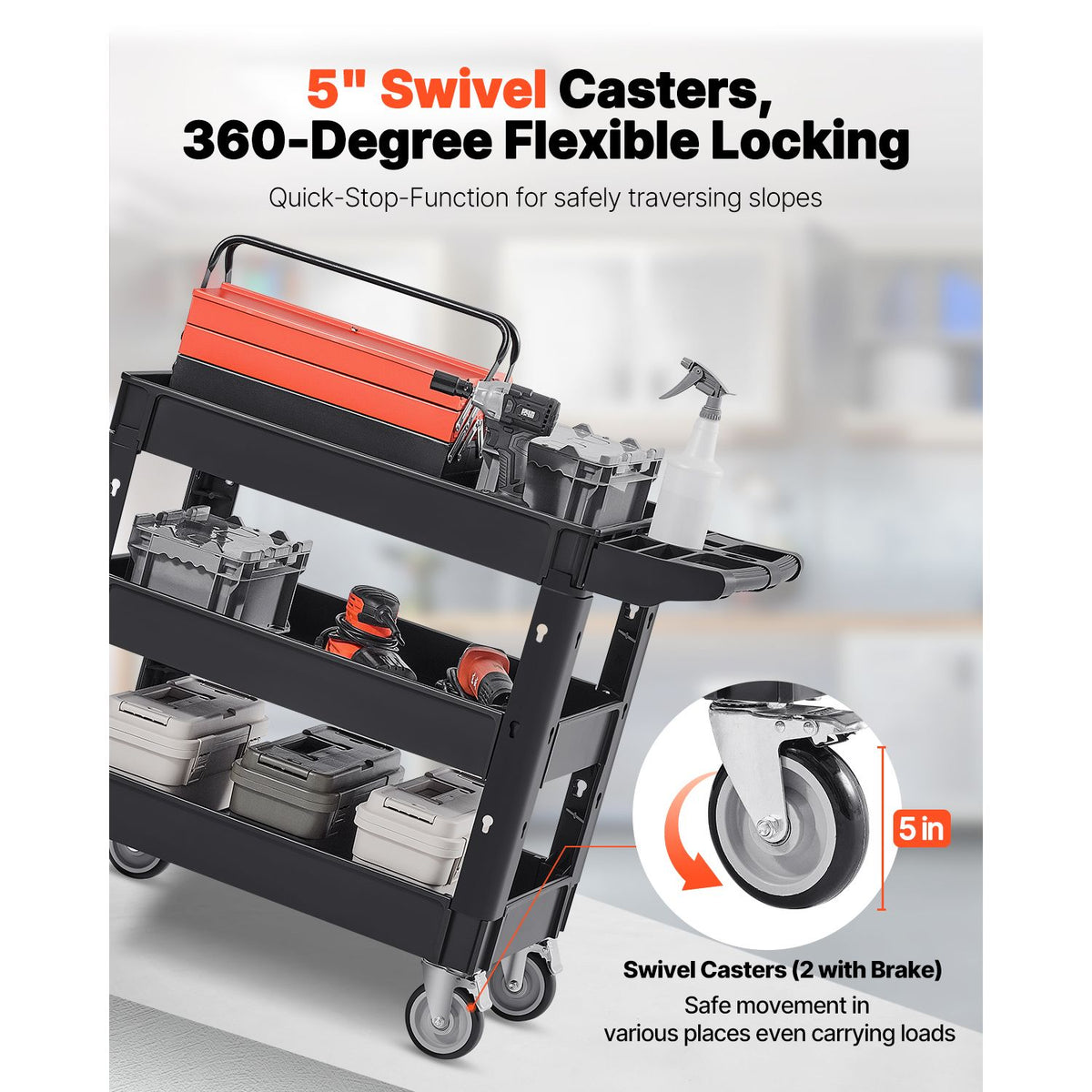 Heavy-Duty Rolling Utility Service Cart - Three Shelves, Up to 249 kg