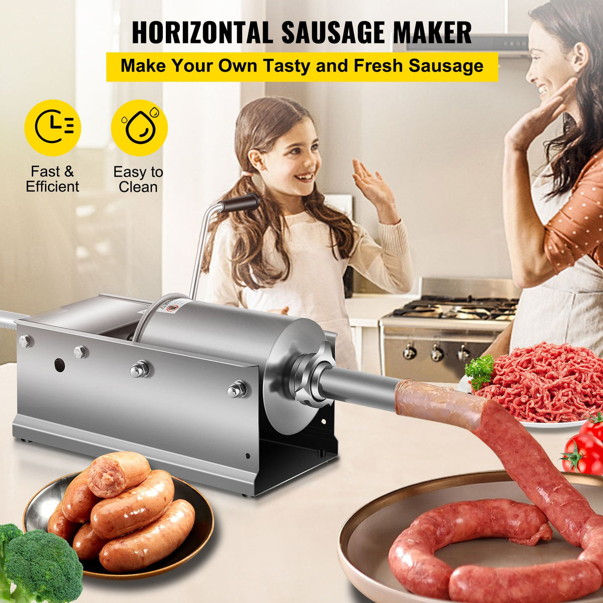 Manual Sausage Stuffer, 3 L / 7 LBS Horizontal Sausage Machine, Dual-Speed Meat Stuffer, Made of Food-Grade 304 Stainless Steel, Includes 5 Stuffing Tubes, for Home Kitchen Restaurant Commercial