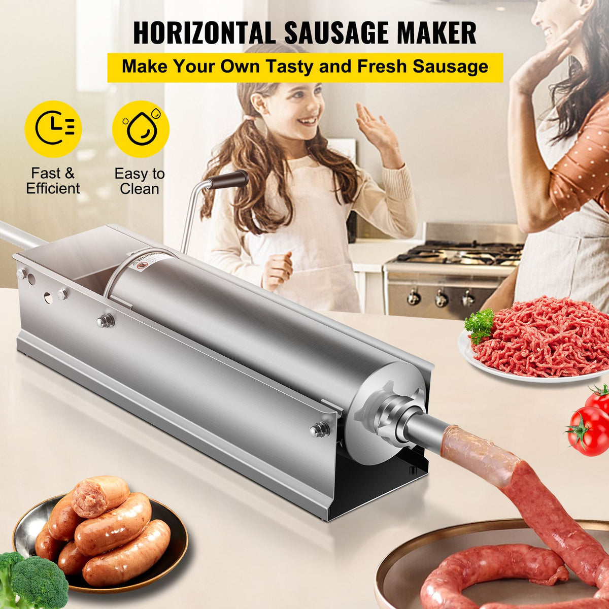Manual Sausage Stuffer, 7 L / 15 LBS Horizontal Sausage Machine, Dual-Speed Meat Stuffer, Made of Food-Grade 304 Stainless Steel, Includes 5 Stuffing Tubes, for Home Kitchen Restaurant Commercia