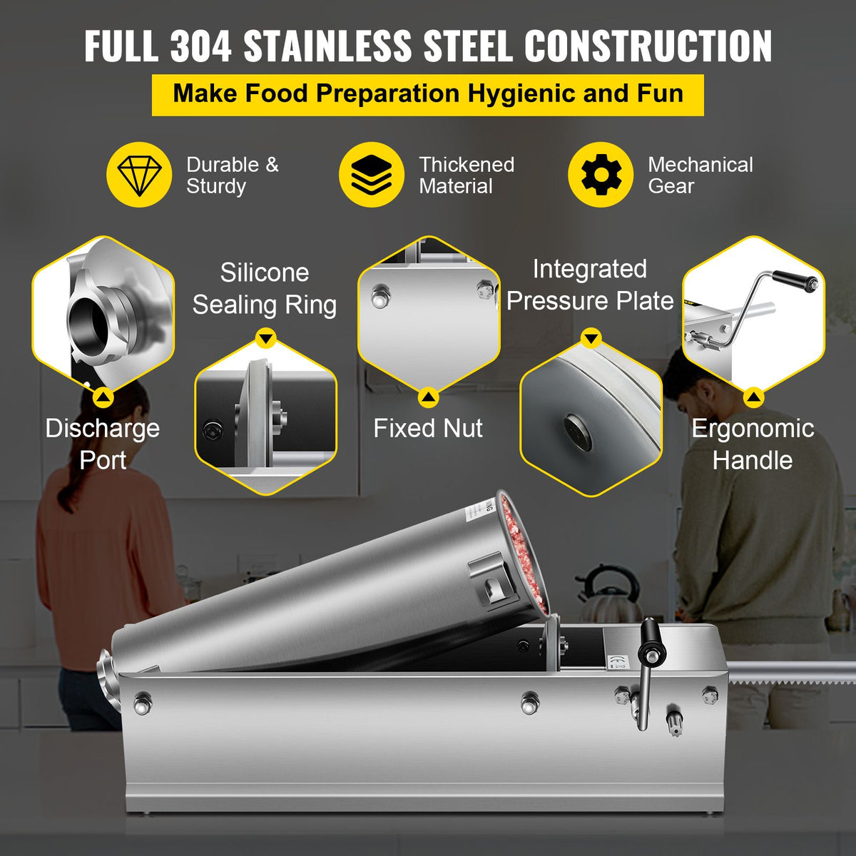 Manual Sausage Stuffer, 7 L / 15 LBS Horizontal Sausage Machine, Dual-Speed Meat Stuffer, Made of Food-Grade 304 Stainless Steel, Includes 5 Stuffing Tubes, for Home Kitchen Restaurant Commercia