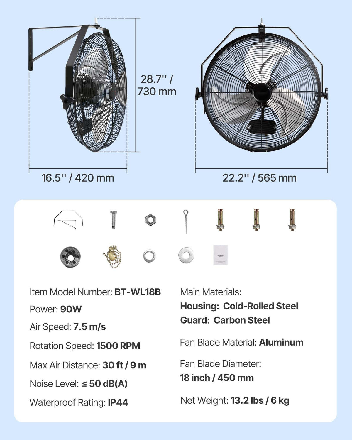 17.6-Inch Industrial Wall-Mount Fan – Three Speeds, IP44