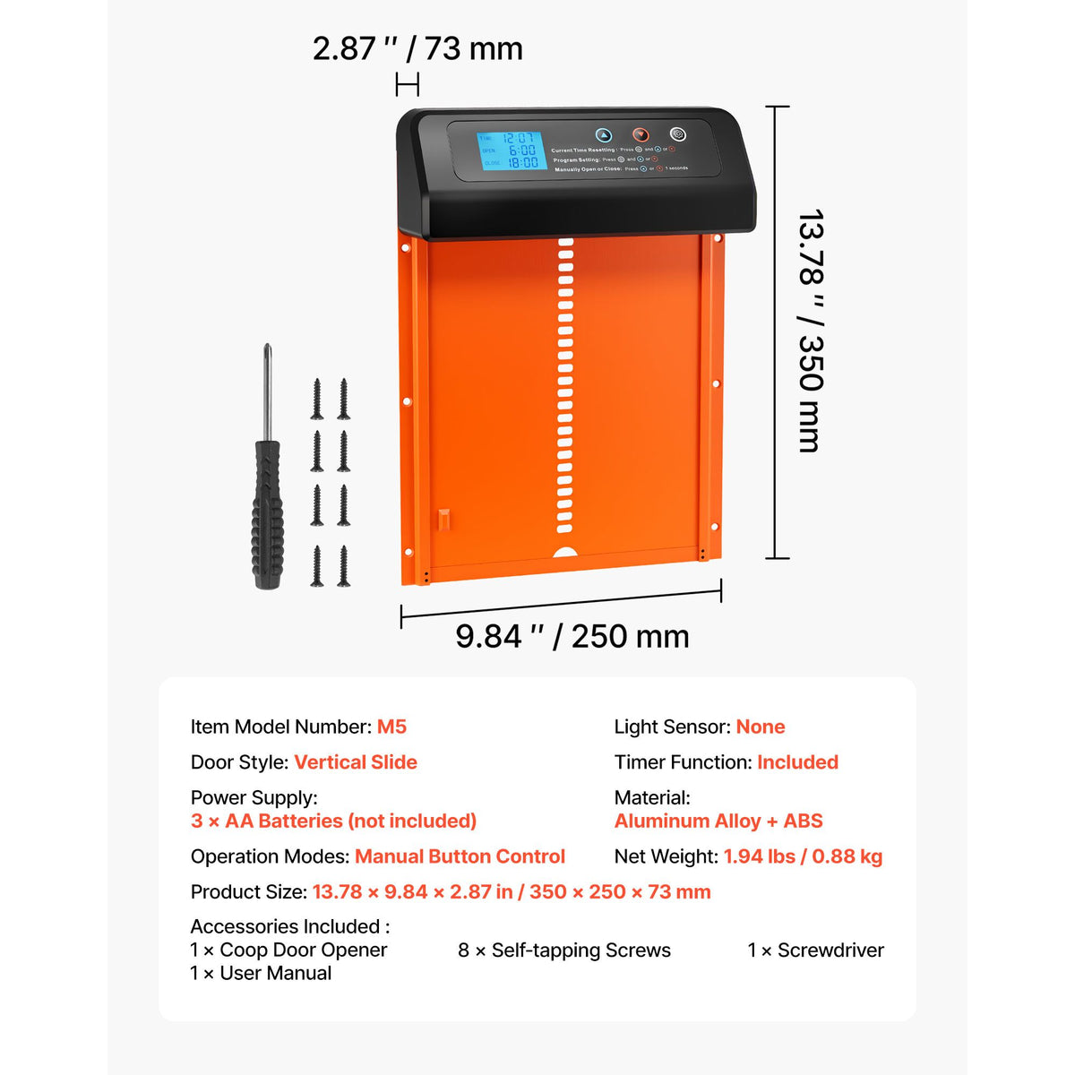 Battery-Powered Automatic Chicken Coop Door with Timer - Orange