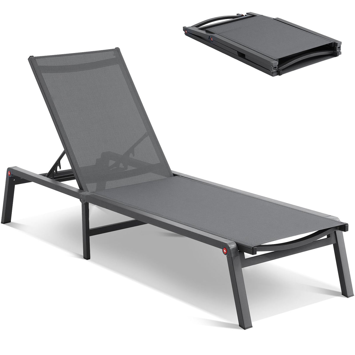 Chaise Lounge Chair Outdoor, Aluminum Patio Lounge Chair with Adjustable 5-Position, Folding Pool Lounge Chair Recliner and Full Flat Tanning Chair for Patio, Beach, Pool, Dark Grey