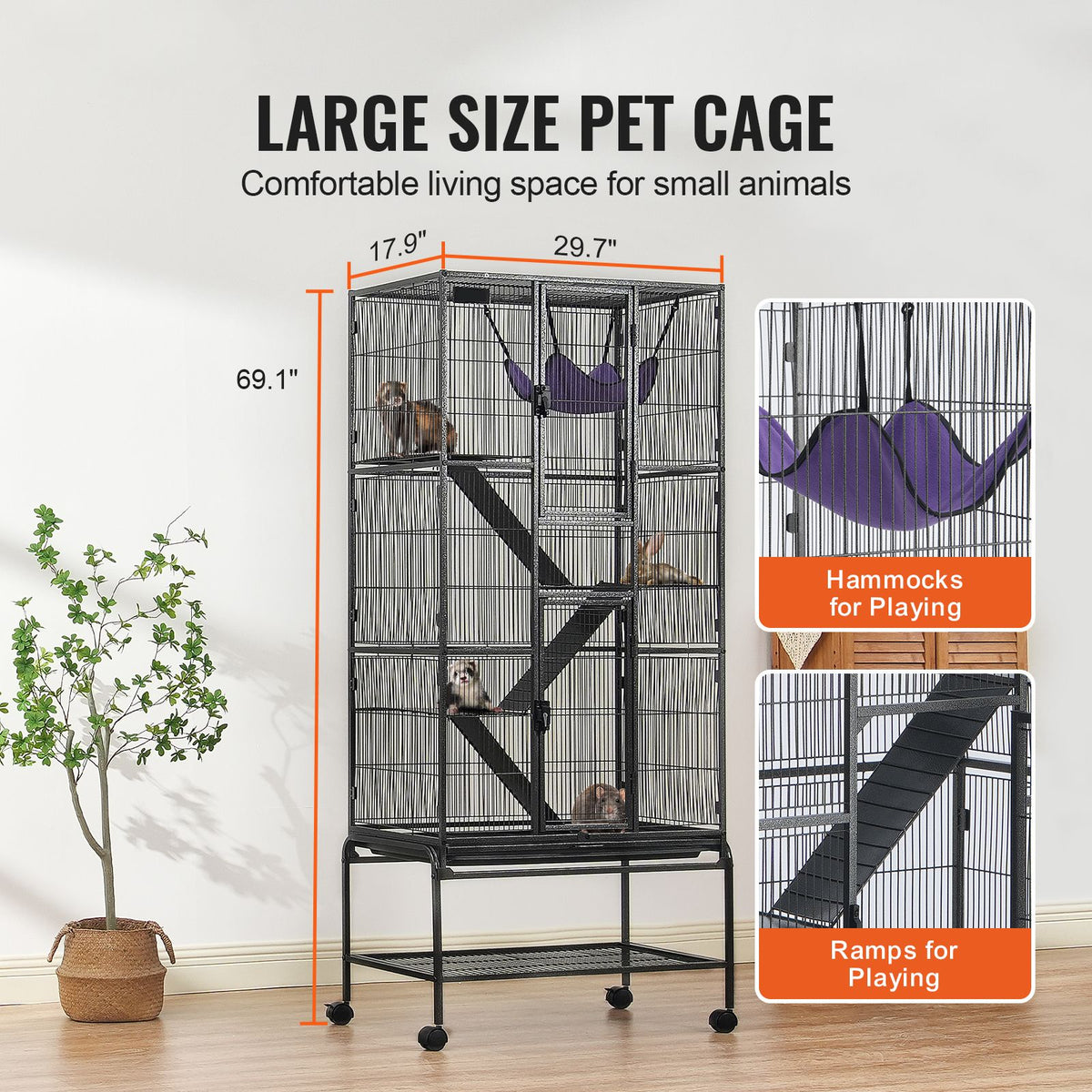 4-Tier Rolling Ferret & Small Animal Cage - 69 in, 3 Ramps