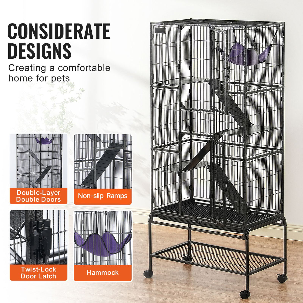 4-Tier Rolling Ferret & Small Animal Cage - 69 in, 3 Ramps
