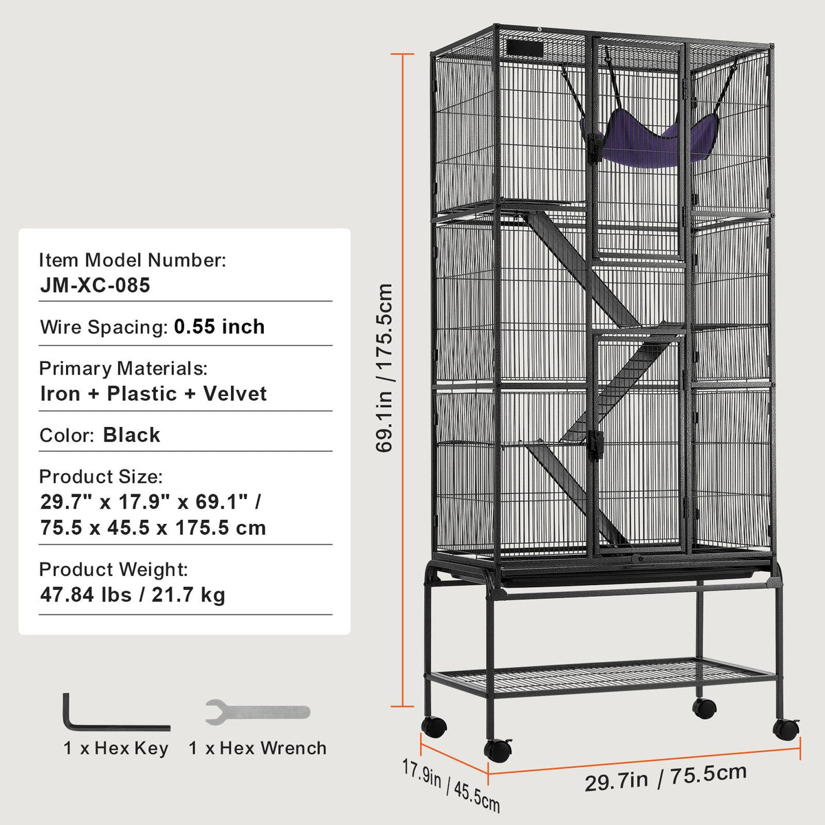 4-Tier Rolling Ferret & Small Animal Cage - 69 in, 3 Ramps
