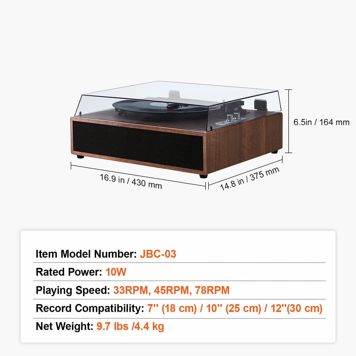Bluetooth Vinyl Record Player 3-Speed Belt Driven Turntable 10W Speakers — product image 7