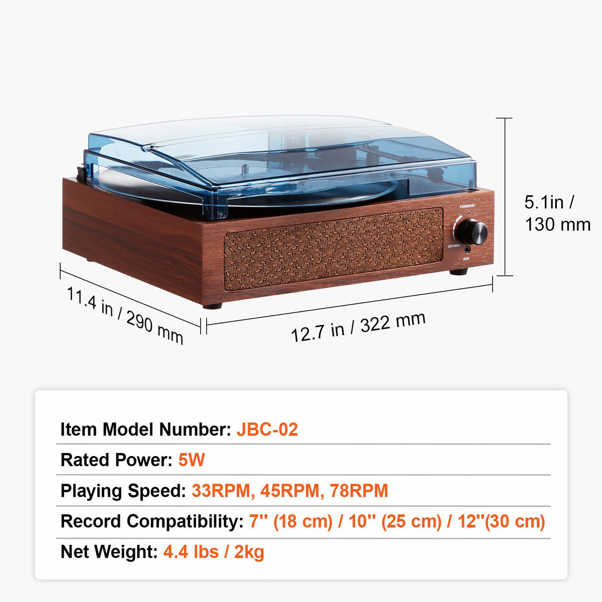 Bluetooth Vinyl Record Player 3-Speed Belt Driven Turntable 5W Speakers — product image 7