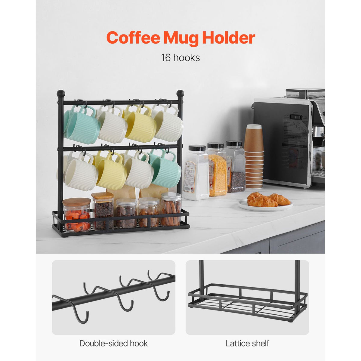 Countertop 16-Hook Coffee Mug Rack with Storage Base