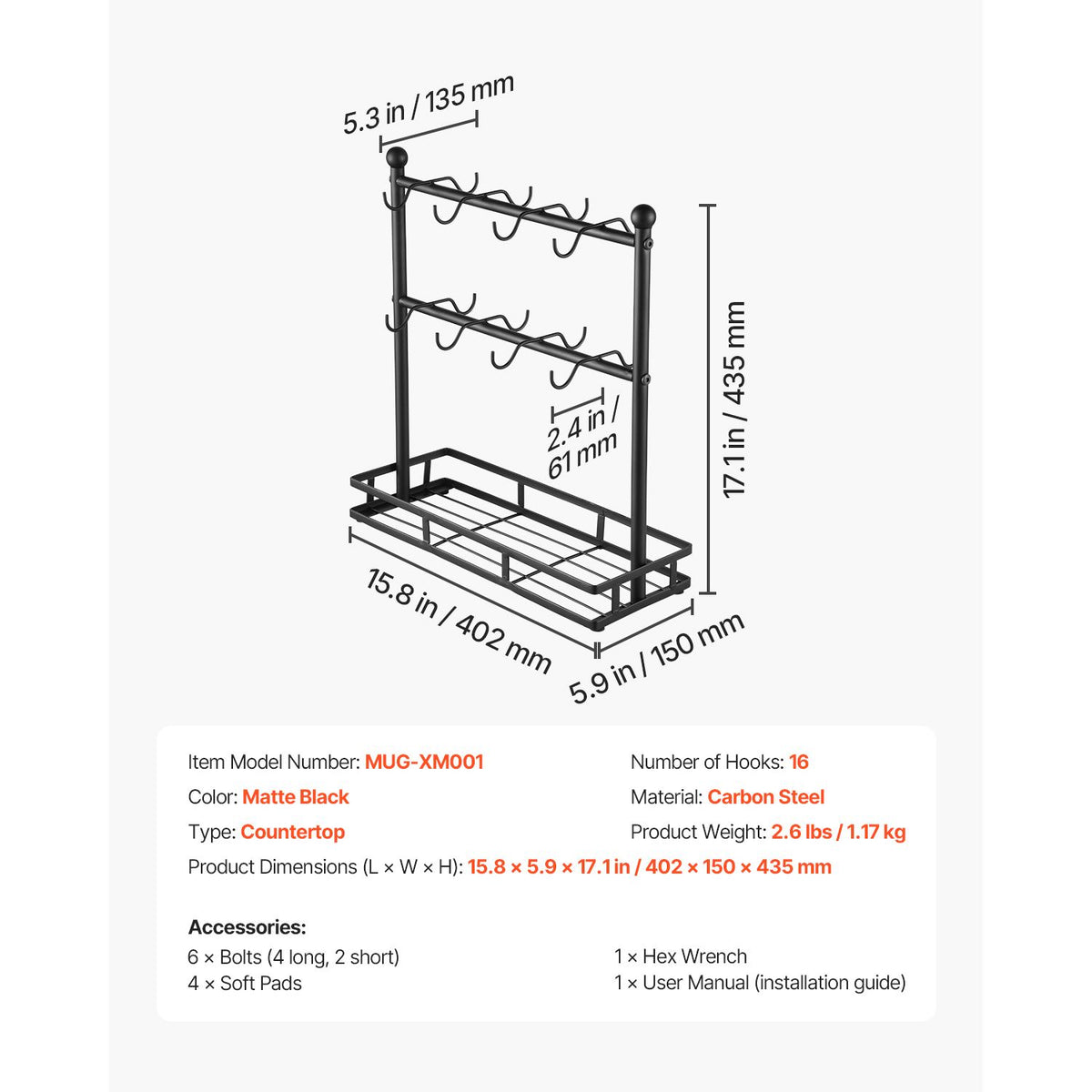Countertop 16-Hook Coffee Mug Rack with Storage Base