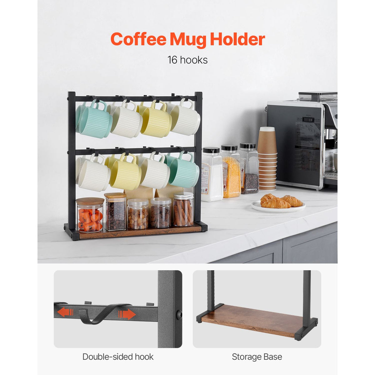 16-Hook Countertop Coffee Mug Rack with Wooden Storage Base