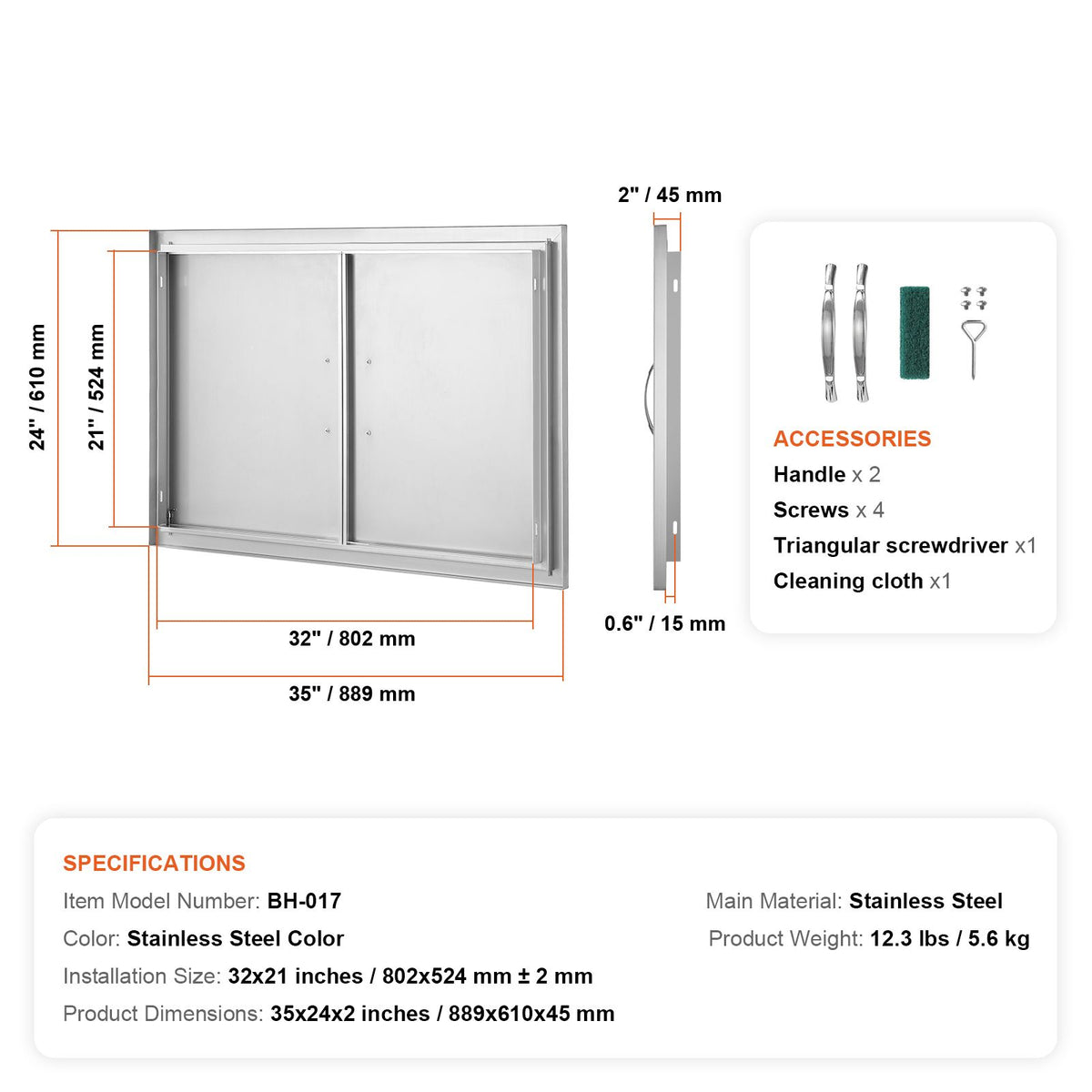 BBQ Access Door, 889x610 mm Double Outdoor Kitchen Door, Stainless Steel Flush Mount Door, Wall Vertical Door with Handles, for BBQ Island, Grilling Station, Outside Cabinet