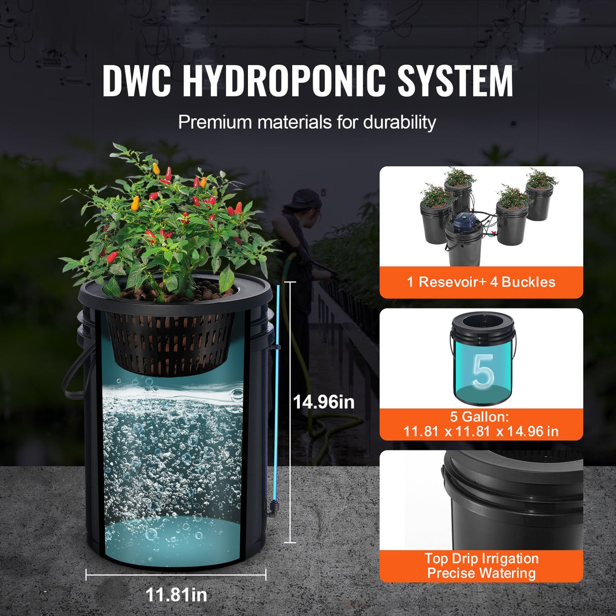 RDWC Hydroponics Grow System, Hydroponic Growing Kit with Top Drip, Recirculating Deep Water Culture 4 Buckles and 1 Reservoir, with Air Pump and Water Level Device for Leafy Vegetables