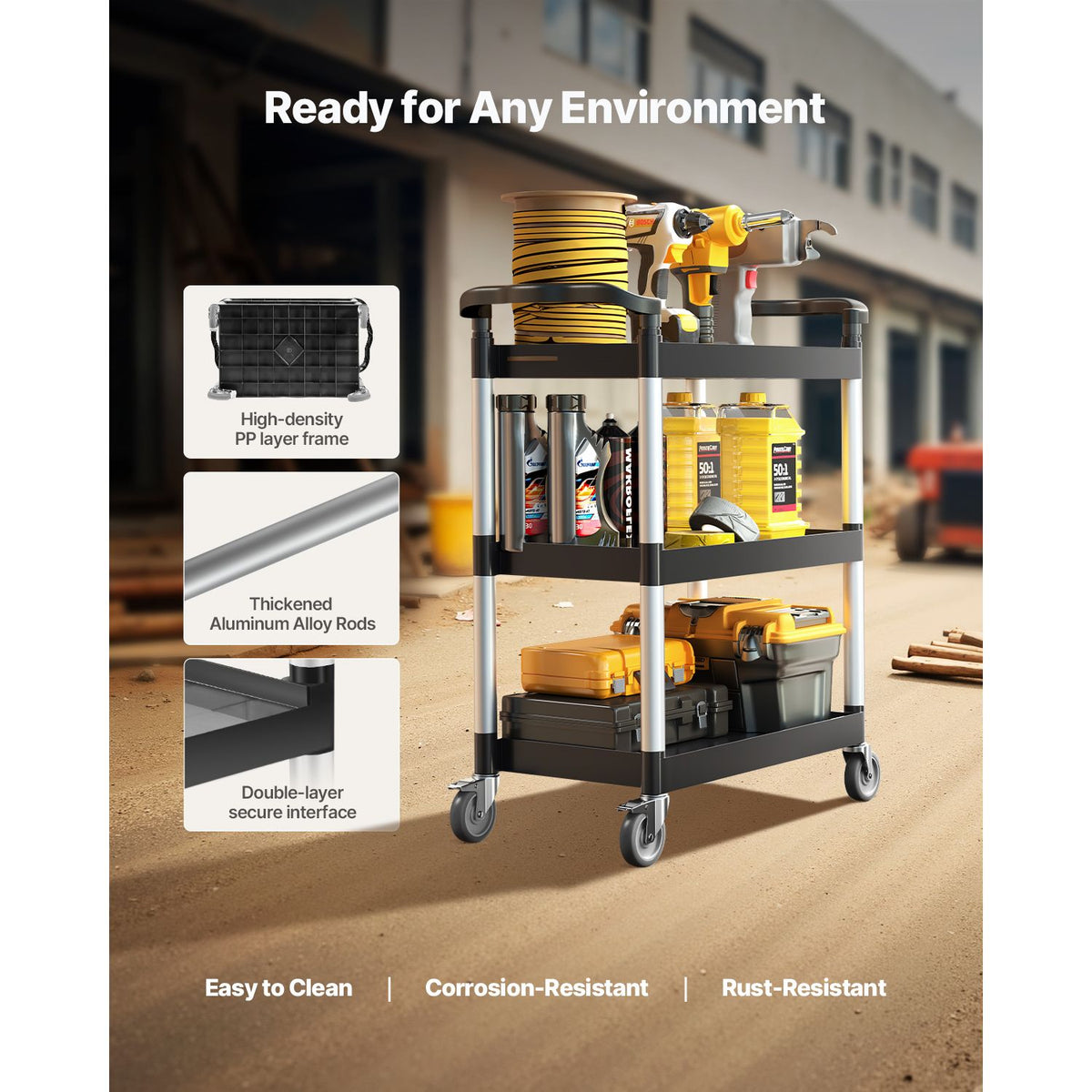3-Tier Plastic Utility Service Cart - 136 kg Capacity