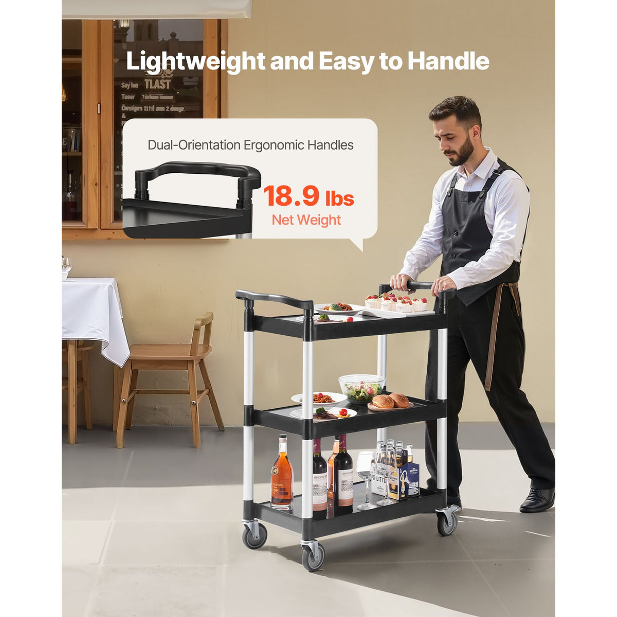 3-Tier Plastic Utility Service Cart - 136 kg Capacity