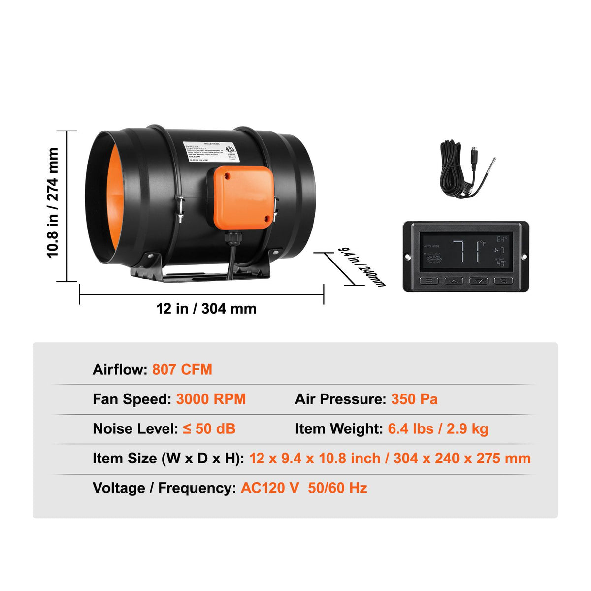 203 mm Inline Duct Ventilation Fan with Temperature and Humidity Controller